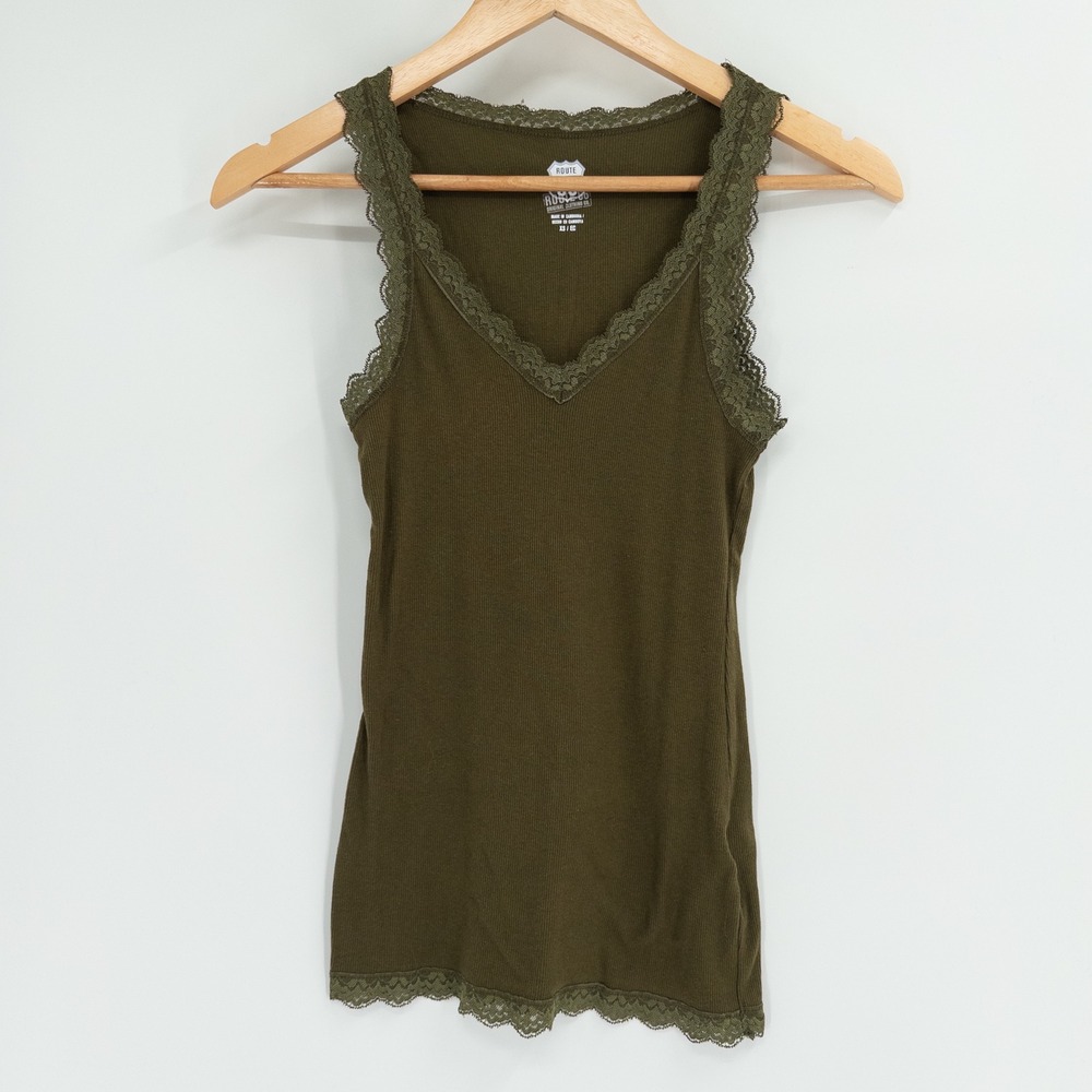 Y2K Route 66 Cami Women XS Green Lace Trim Ribbed Grunge Fairycore Fitted Long